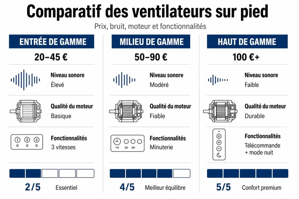 Infographie comparative des prix et fonctionnalités des ventilateurs sur pied pour choisir le meilleur modèle selon son budget.
