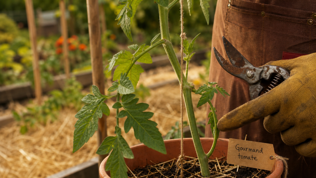 gourmande tomate : gourmand pincé avec sécateur