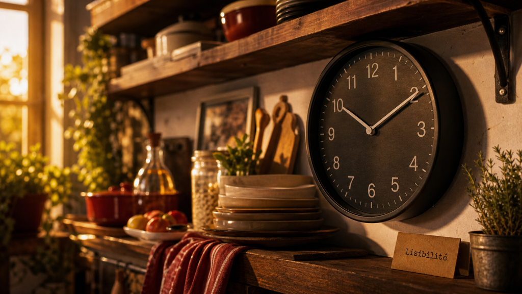 Pendule murale en métal noir dans une cuisine, lisible