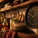 Pendule murale en métal noir dans une cuisine, lisible