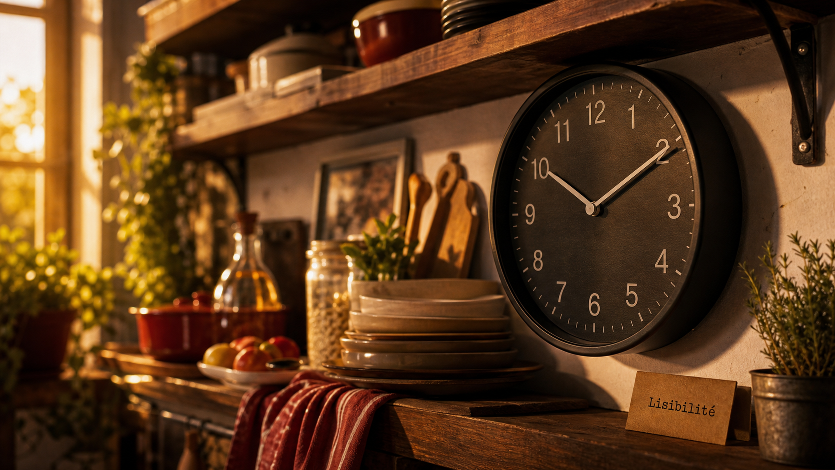 Pendule murale en métal noir dans une cuisine, lisible
