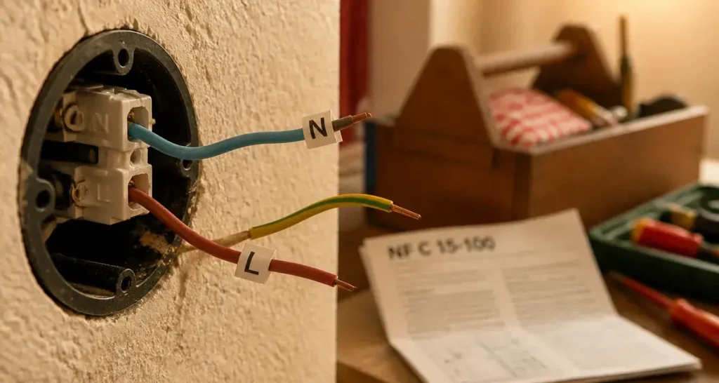 Phase et neutre couleur : bleu N, fil phase rouge ou marron, repérage électrique
