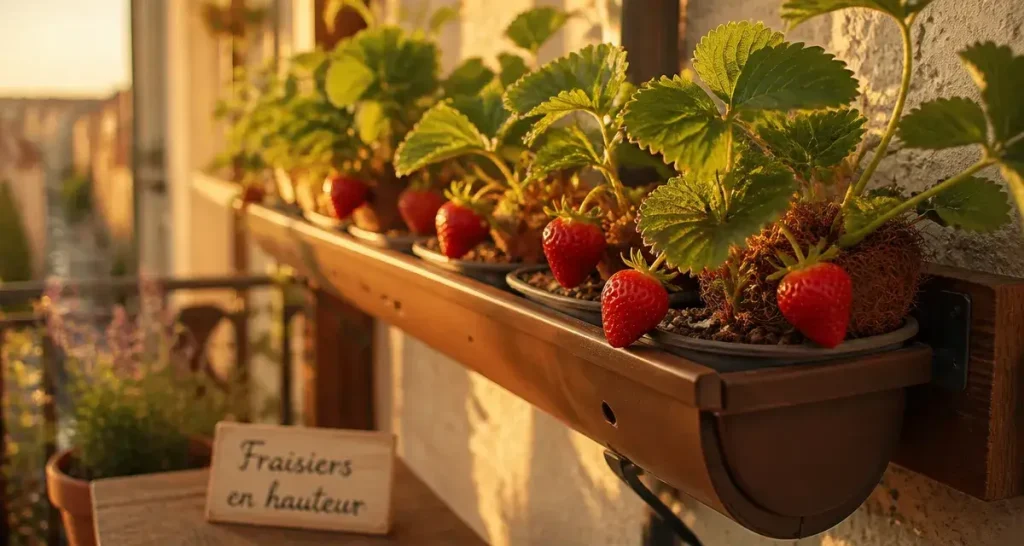 Plantation fraisier en hauteur sur balcon : fraisiers en godets et fraises mûres