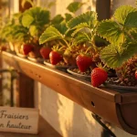 Plantation fraisier en hauteur sur balcon : fraisiers en godets et fraises mûres