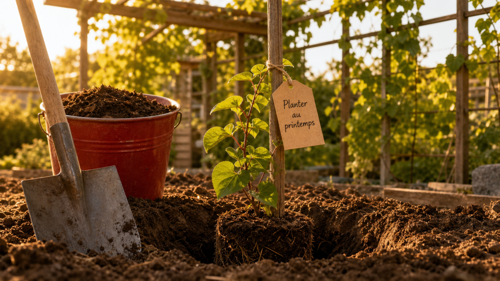 Quand planter kiwi : jeune plant d’actinidia en terre au printemps