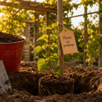Quand planter kiwi : jeune plant d’actinidia en terre au printemps