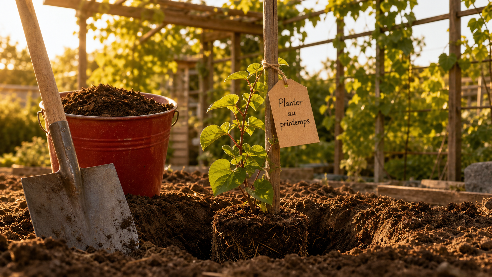 Quand planter kiwi : jeune plant d’actinidia en terre au printemps