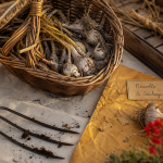 Quand recolter les échalotes : panier d’échalotes grises, fanes jaunies, séchage