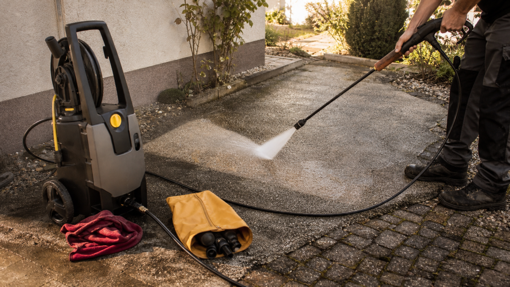 Utilisation karcher : jet haute pression sur terrasse en béton, réglage de pression