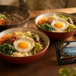 Voyage en cuisine recettes : bibimbap facile, bols et sauce brillante au coucher du soleil