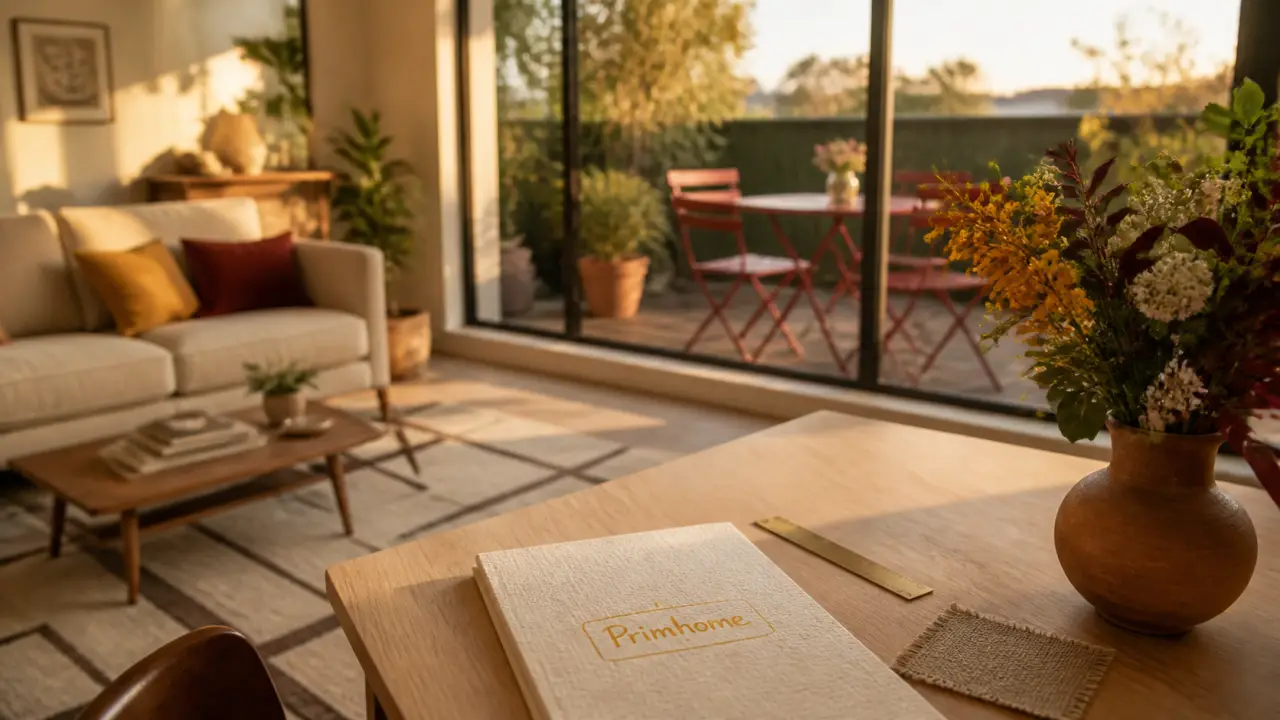Aménagement intérieur et extérieur primhome : salon crème et terrasse en bois