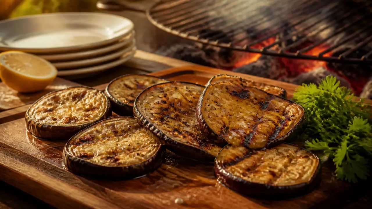 Aubergine au barbecue, tranches de 1 cm grillées, chair fondante au citron-ail
