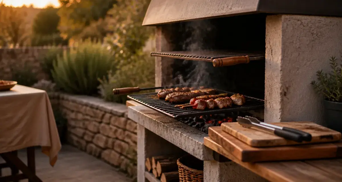 Barbecue beton avec hotte et grille réglable, capacité et installation jardin