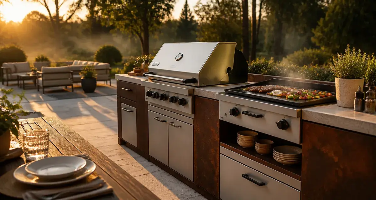 Barbecue design en inox et Corten sur terrasse contemporaine