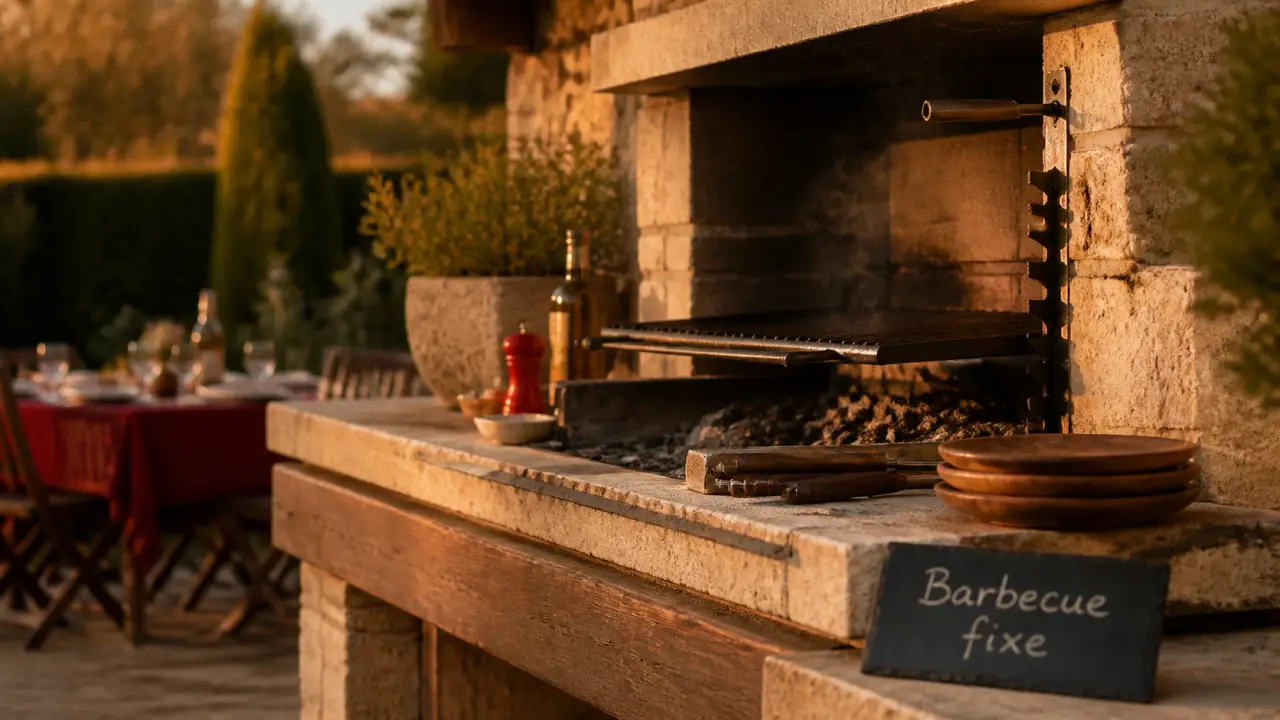 Barbecue fixe en pierre dans un jardin