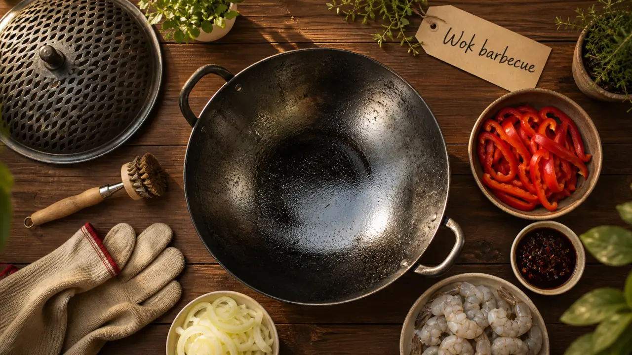 Barbecue wok : wok en acier noirci, légumes et sauce
