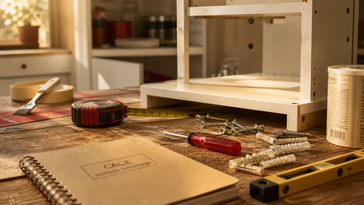 cace maison bricolage : outils DIY sur table en bois, niveau et mètre ruban