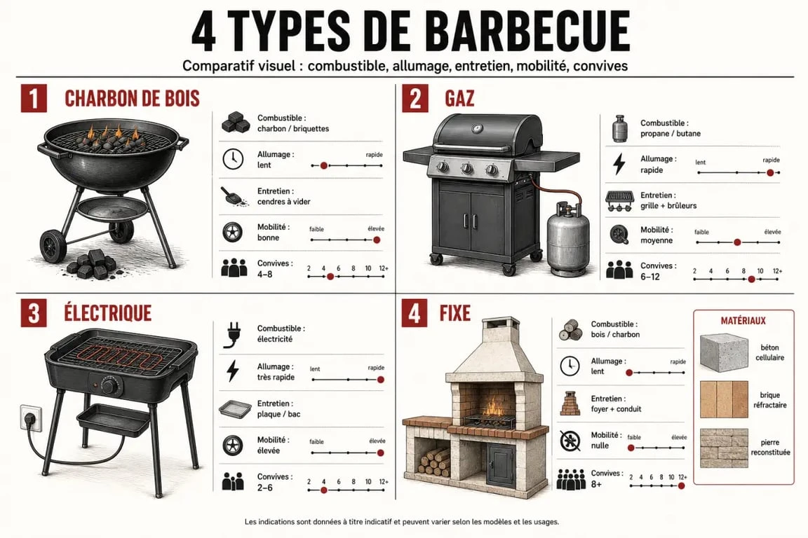 Comparatif visuel barbecue castorama : charbon, gaz, électrique et fixe