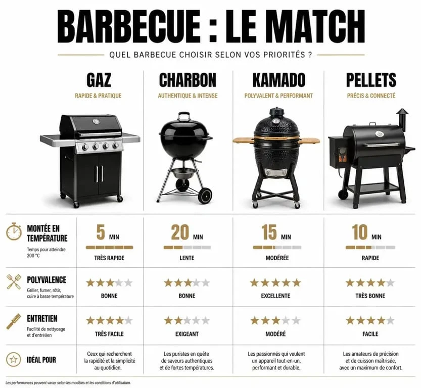 Tableau comparatif des types de barbecues haut de gamme : gaz, charbon, kamado et pellets pour choisir son équipement.