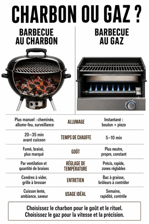 Barbecue au charbon ou au gaz : infographie comparative sur l’allumage, le goût et l’entretien