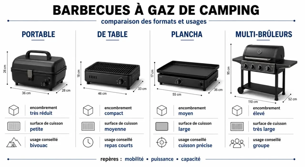 Barbecue a gaz camping comparatif des formats portable, de table, plancha et multi-brûleurs