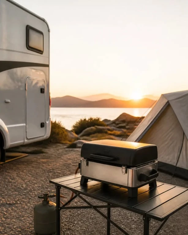 Barbecue a gaz camping compact installé sur une table de camping près d'une tente