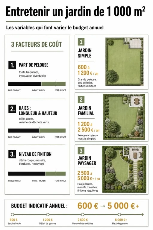 Coût entretien jardin 1000 m2 expliqué en infographie avec les facteurs de prix et trois scénarios