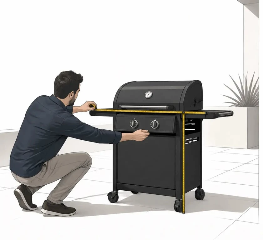 Prise de mesures pour une housse plancha avec mètre ruban sur une plancha