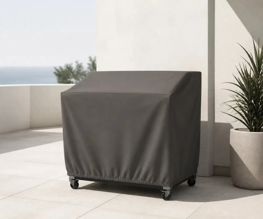 Housse plancha bien ajustée sur une plancha de terrasse avec bande élastiquée
