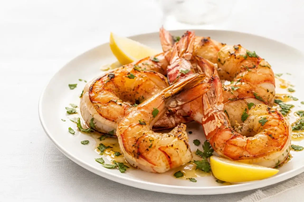 Gambas à la plancha servies chaudes avec citron et herbes fraîches