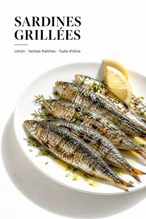 Sardine au barbecue grillée et servie avec citron et herbes