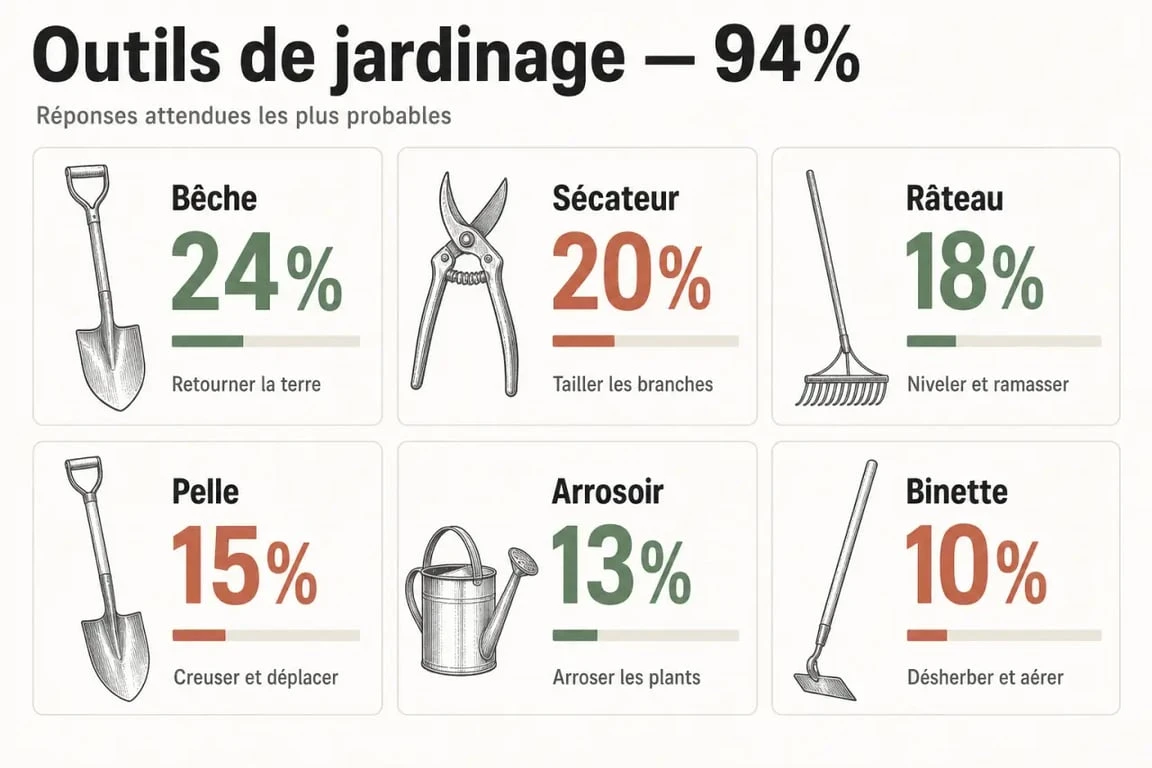 Infographie 94 outils de jardinage avec les réponses et pourcentages du jeu 94%