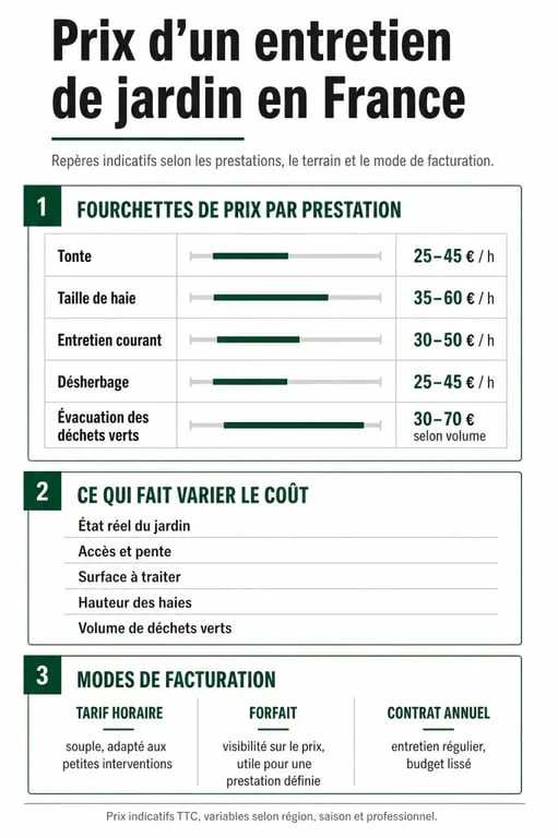 Infographie sur le prix entretien jardin selon la prestation, les contraintes et le mode de facturation
