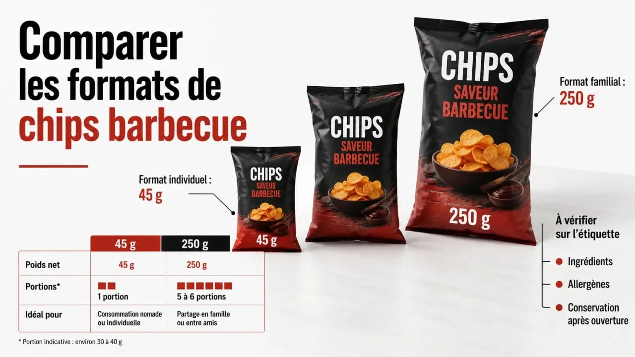 Chips barbecue : comparatif des formats 45 g et 250 g, ingrédients, allergènes et conservation