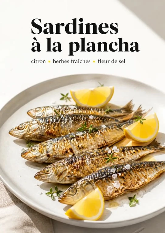 Sardines à la plancha servies chaudes avec citron et herbes fraîches