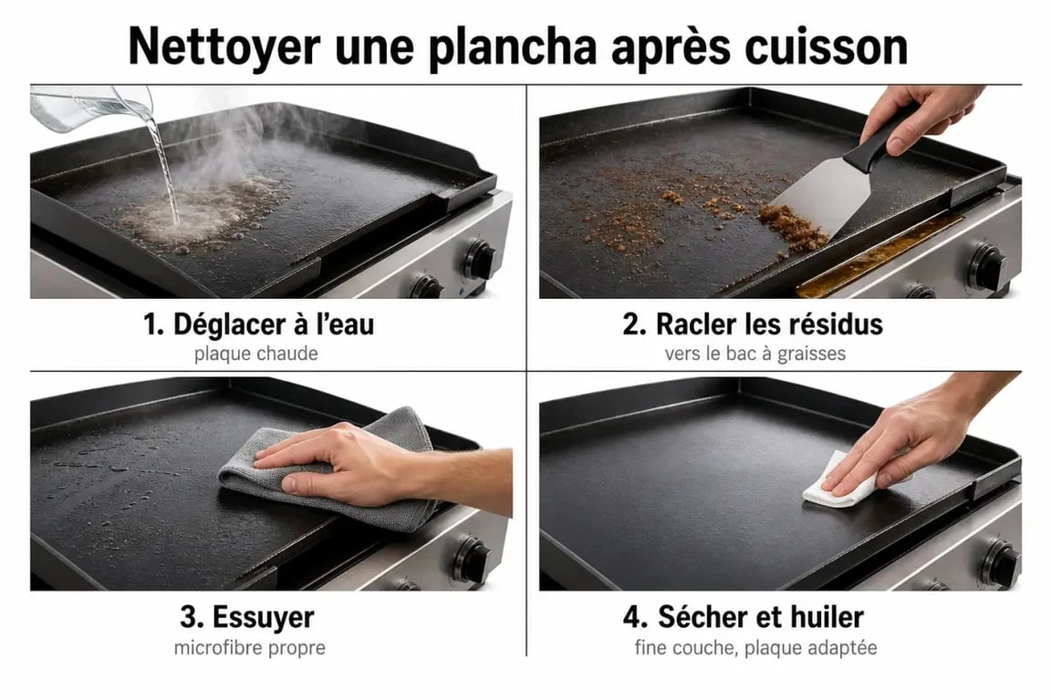 Comment nettoyer une plancha en 4 étapes, de la plaque chaude au séchage final
