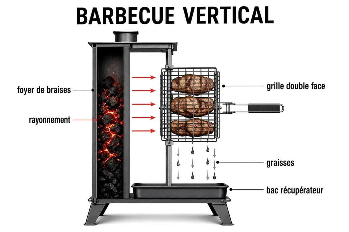 Barbecue vertical en coupe montrant la chute des graisses vers le bac récupérateur