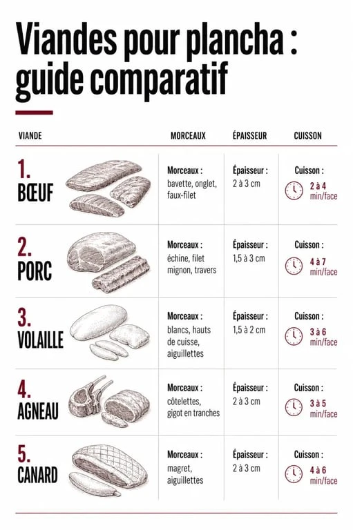 Tableau comparatif viande pour plancha avec morceaux recommandés, épaisseur idéale et temps de cuisson