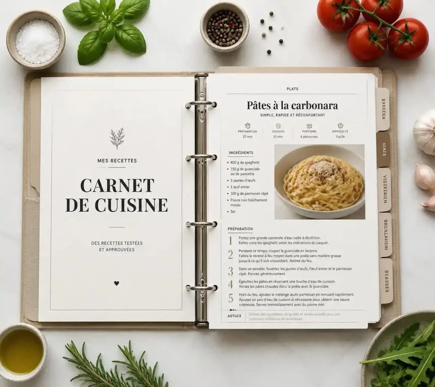 Fiche recette de cuisine organisée dans un classeur élégant