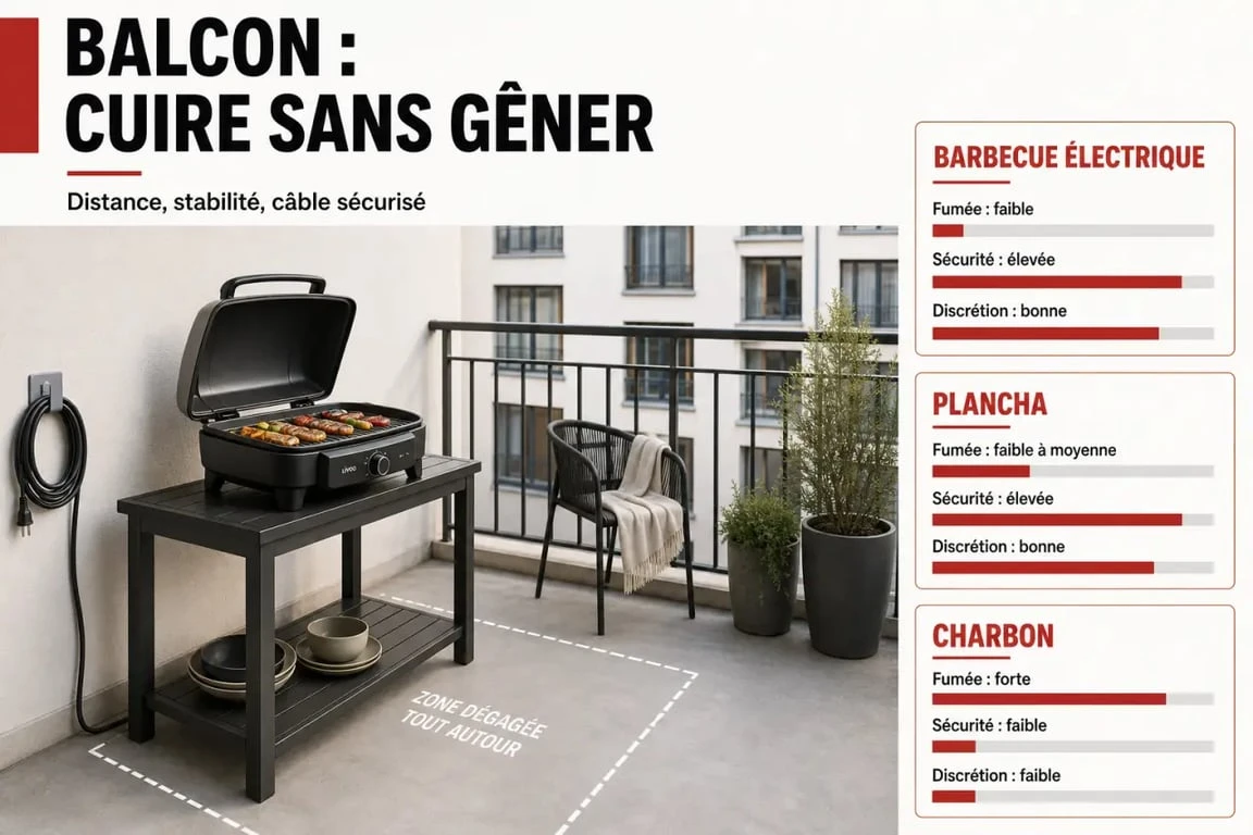Barbecue balcon : illustration d’un barbecue électrique compact sur un balcon avec zones de sécurité et comparaison discrète des appareils