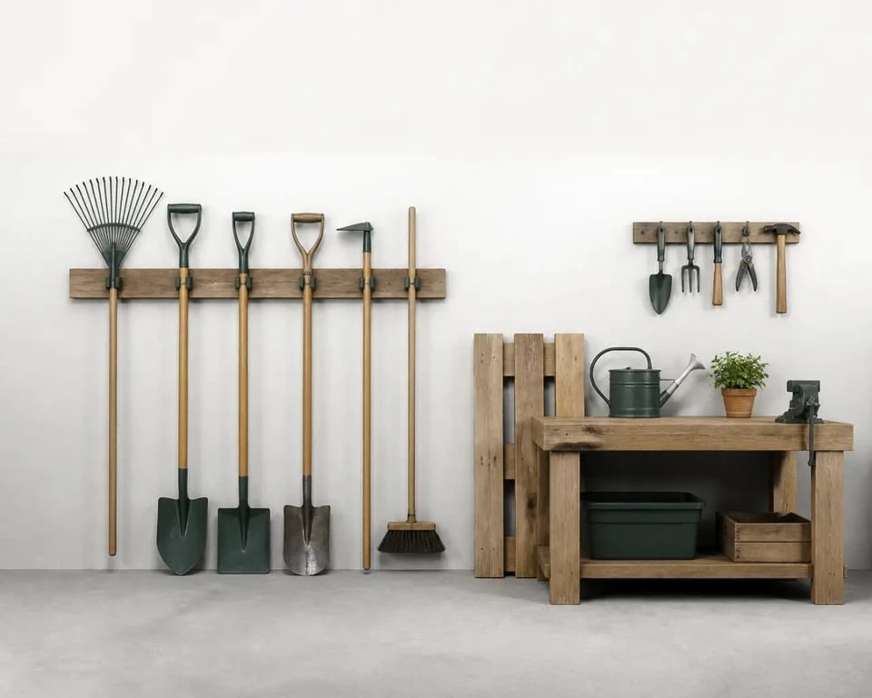 Ratelier pour outils de jardinage dans un garage rangé avec outils suspendus