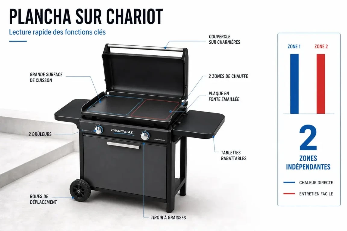 Comparatif visuel plancha campingaz : surface 2272 cm², 2 brûleurs, 7,5 kW et deux zones de chauffe