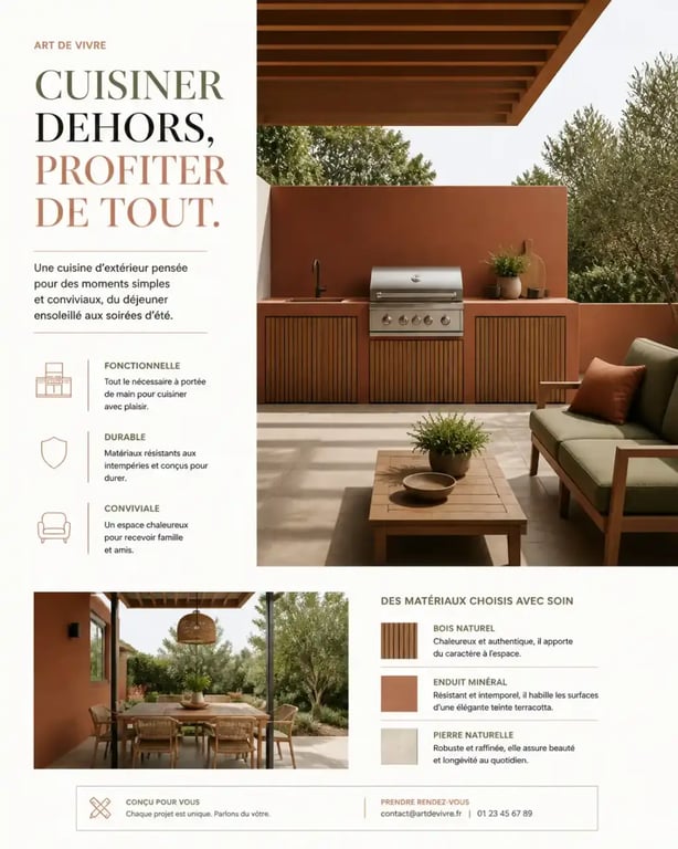 Aménager une cuisine d'été conviviale avec un plan de travail en bois et un comptoir de bar pour recevoir ses amis sur une terrasse ensoleillée