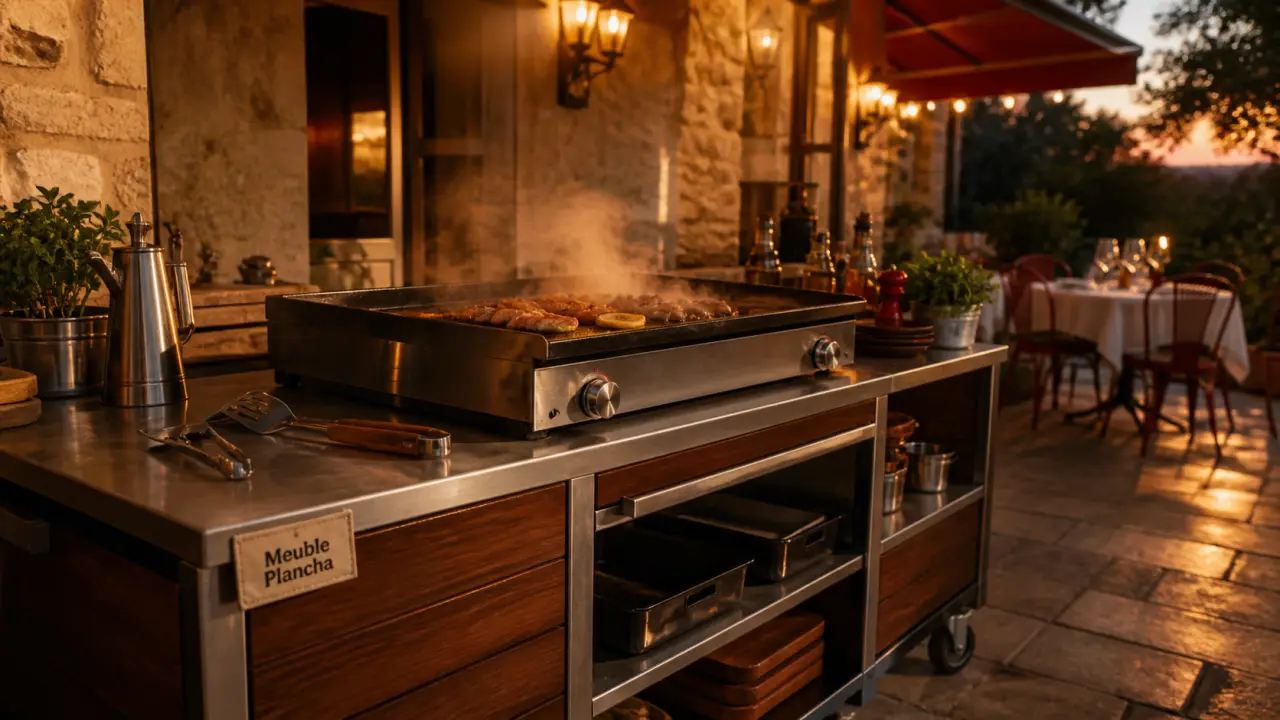 Meuble plancha : chariot stable inox avec rangement et tablette latérale