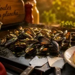 Moules a la plancha ouvertes, ail et persil, plancha chaude