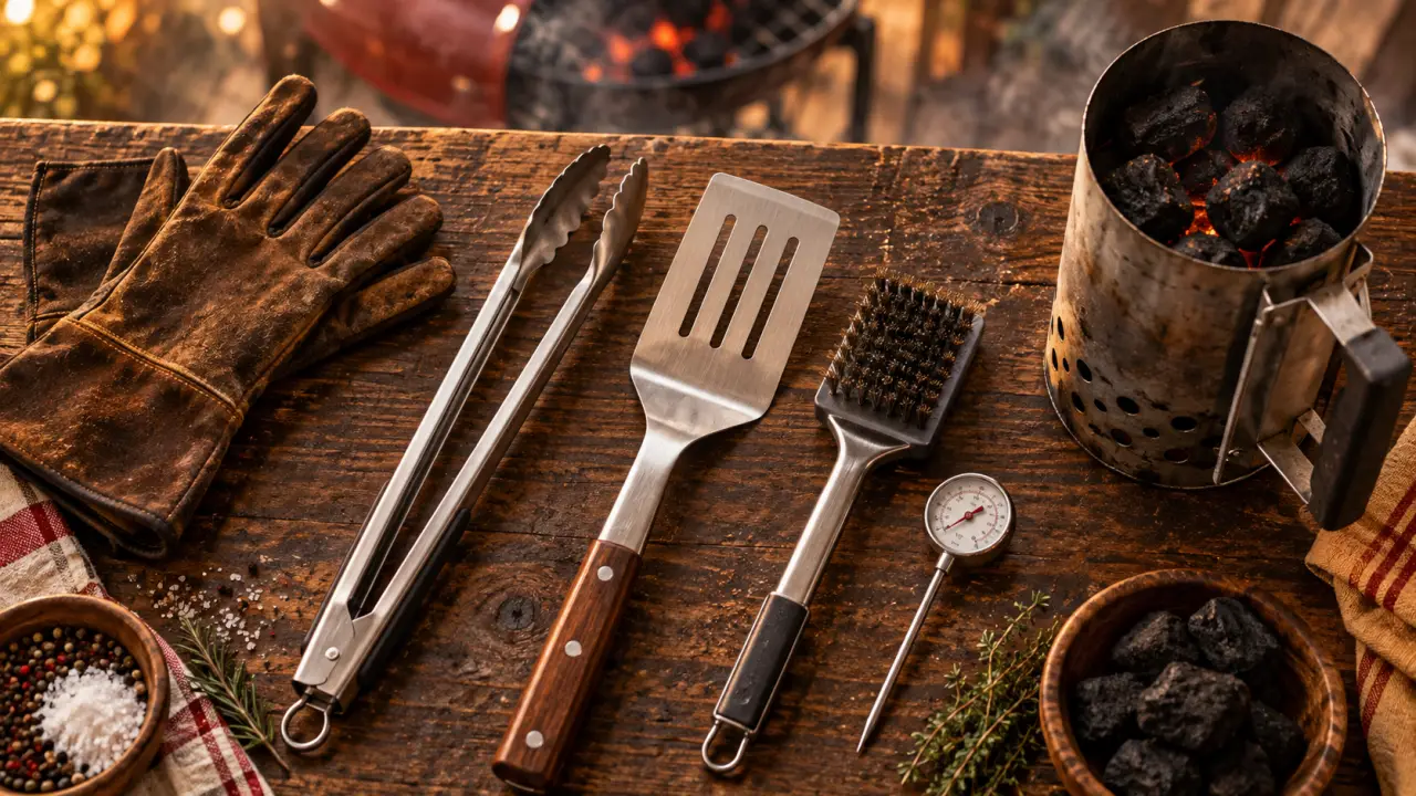 Accessoire barbecue : pince, gants et thermomètre pour cuisson