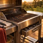 Barbecue inox sur terrasse, lumière golden hour