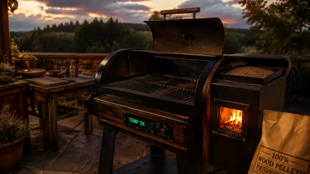 Barbecue pellet au crépuscule : trappe flamme rougeoyante et pellets