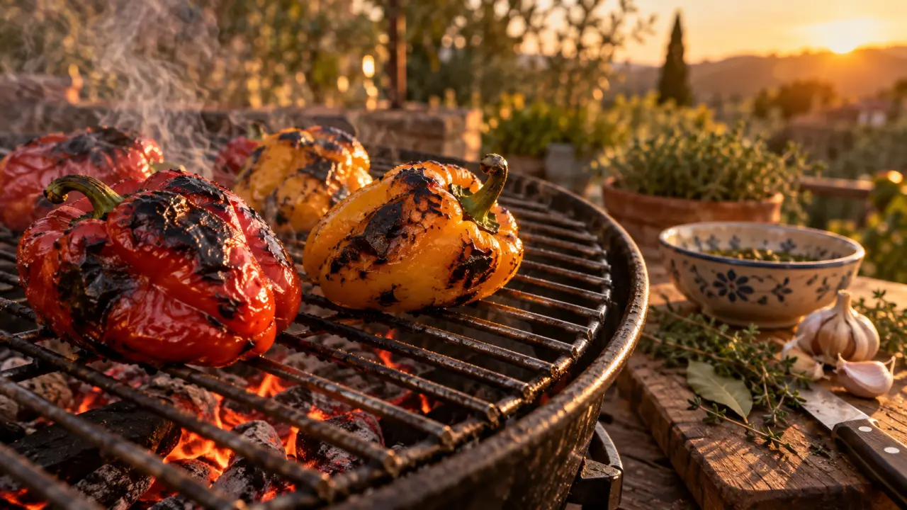 Barbecue poivron grillé : peau noircie et chair fondante
