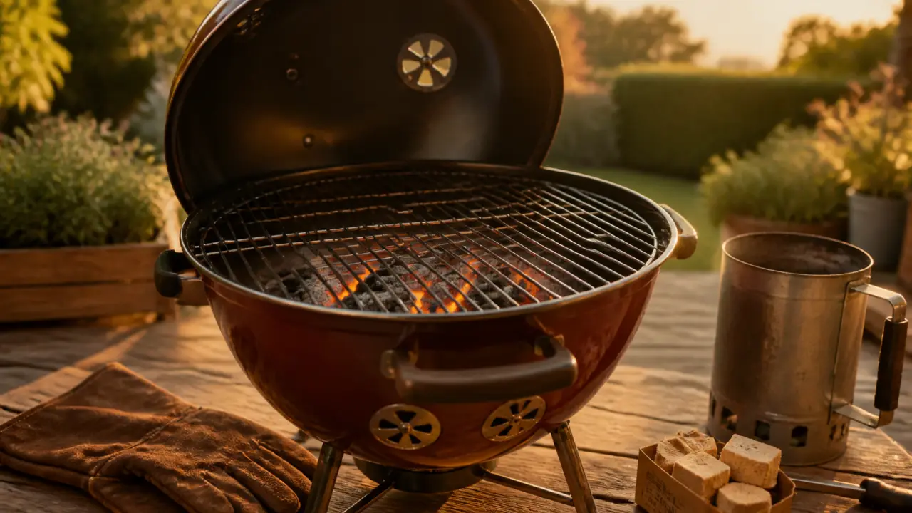 Comment allumer un barbecue : braises grises et cheminée d’allumage, barbecue au charbon en terrasse